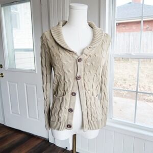 Vintage Y2K Womens Cardigan Size M Tan Cable Knit Cottagecore Cabincore Academia